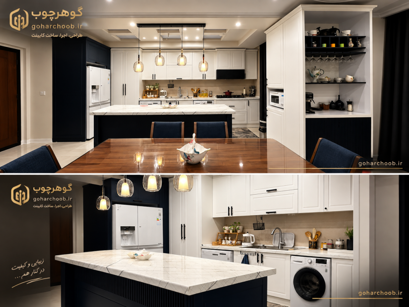 طراحی و اجرای کابینت آشپزخانه مدرن سعادت اباد در تهران توسط گوهرچوب